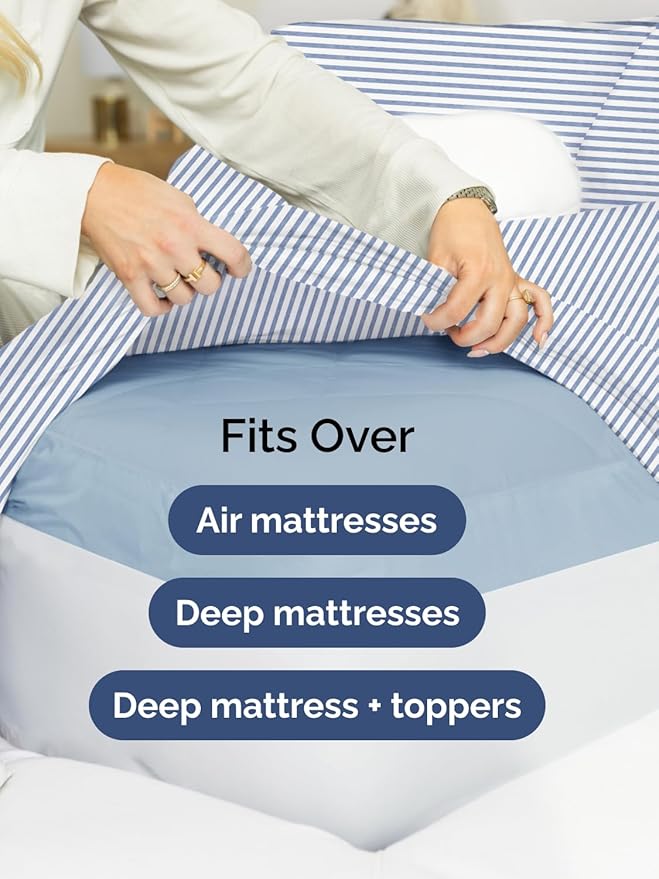 Extra Deep Pocket Split King Sheets - 5 Piece Breathable & Cooling Bed Sheets - Hotel Luxury Bed Sheet Set - Soft, Wrinkle Free & Comfy - Easily Fits Extra Deep Mattresses - Blue Striped Sheets Set