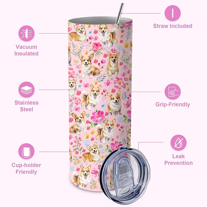 Yogusut Corgi Gifts for Women, 20oz Stainless Steel Insulated Tumbler Travel Mug Cup with Lid Straw Brush, Gifts for Dog Mom Dog Lover
