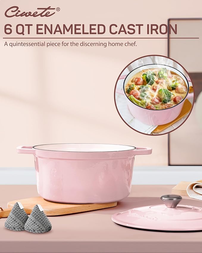 6 QT Dutch Oven Pot with Lid, Enameled Cast Iron Dutch Oven for Bread Making, Braiser, Cooking, Dual Handles, Oven Safe up to 500째 F or on Stovetop, Gifts for Family - Pink