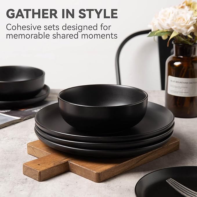 Furrnook 12-Piece Stoneware Dinnerware Set with Mugs | Microwave and Dishwasher Friendly | Stackable Matte Glaze Plates & Bowls | Service for 3 (Black for 3)