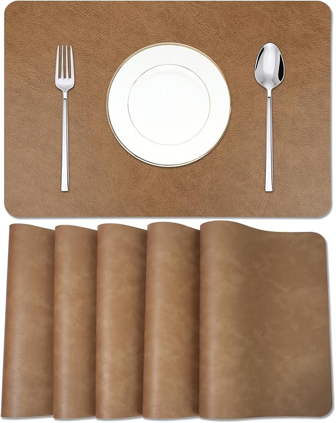 EDanle Cowhide Pattern Faux Leather Placemats Set of 6,Heat Resistant Non-Slip Waterproof Wipeable Washable Kitchen Dining PU Table Place Mats,Double-Sides Available,Light Coffee