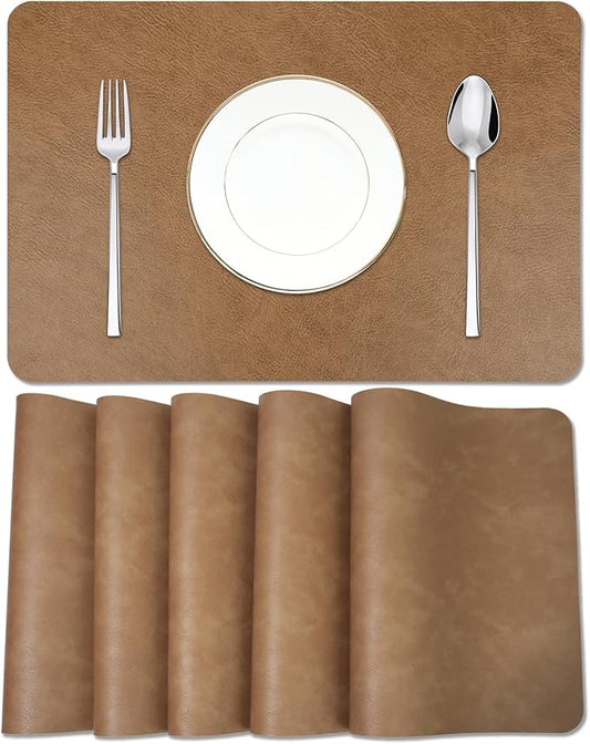 EDanle Cowhide Pattern Faux Leather Placemats Set of 6,Heat Resistant Non-Slip Waterproof Wipeable Washable Kitchen Dining PU Table Place Mats,Double-Sides Available,Light Coffee