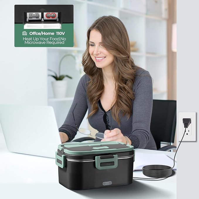 Vidaskeci Electric Lunch Box for Adultss 100W 1.8L Portable Heated Lunch Box for 12V/24V/110V home/Car/Office/Truck,1,8L Removable 304Stainless Steel Container (Black + Green)