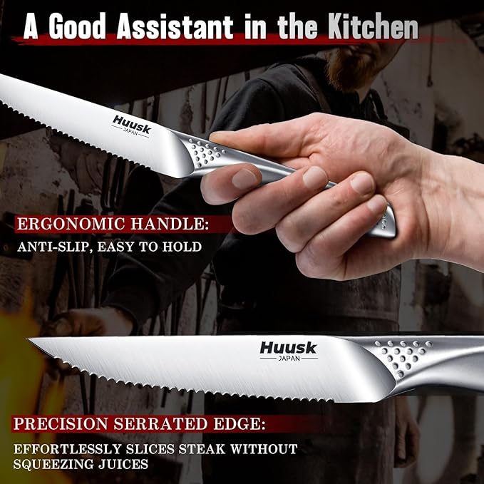 Huusk Serrated Steak Knives Set, 4.5" Japanese Stainless Steel Steak Knives Set of 12, Sharp Dishwasher Safe Dinner Knife for Kitchen Table, Christmas Gifts for Men Women