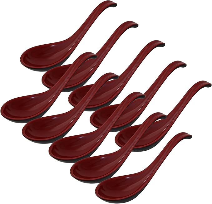 Kitchen 6.5" Soup Spoons, Set of 10, Asian Melamine Ramen Spoons, Red/Black