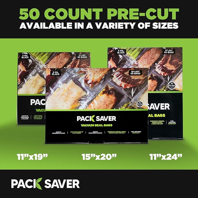 Vacuum Sealer Bags 50 Pack - 11"x19" Heavy Duty Pre-Cut Food Storage Bags for Food Saver, Meal Prep, Sous Vide - Commercial Grade BPA Free (Clear & Black)