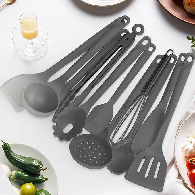 Silicone Cooking Utensils Set - 600째F Heat Resistant, Nonstick Kitchen Utensil Set with Spatulas, Spoons, Whisk, Tongs, BPA Free, Dishwasher Safe (Gray)