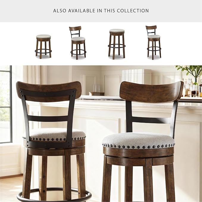 Signature Design by Ashley Valebeck | 30??Farmhouse Pub-Height Swivel Barstool With Back ??Upholstered Cushion, Nailhead Trim, Metal & Wood Frame, Brown