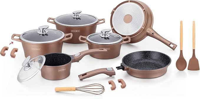 17 piece Induction Cookware Set - with Non-Stick Coating - Stackable Pots and Pans Set with Removable Handles - Oven Ready - PFOA Free - All Heat Sources - copper