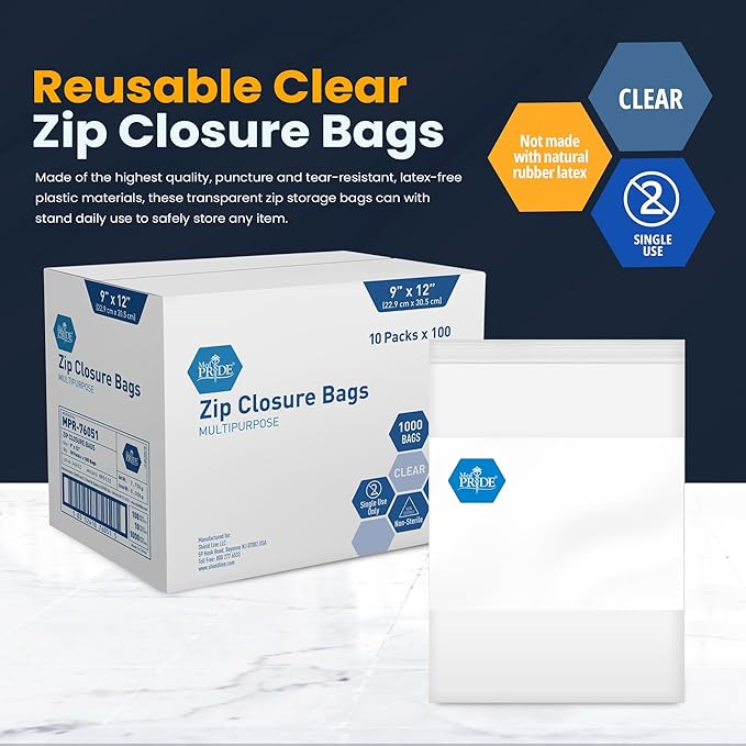 MED PRIDE Reusable Clear Zip Closure Bags [Bulk Pack of 1000] Strong Plastic Storage Bags With Zipper| Medical Zip Bags With Writing Block For Labeling| Medium Size (10'' x 13'')