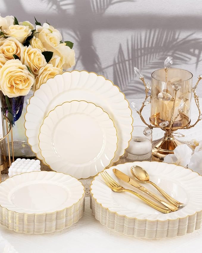 YOUBET 100PCS Ivory Scalloped Plastic Plates - Heavy Duty Gold Disposable Fancy Hard Plates Include 50 Dinner Plate, 50 Dessert Plate, for Wedding & Party Valentines Day
