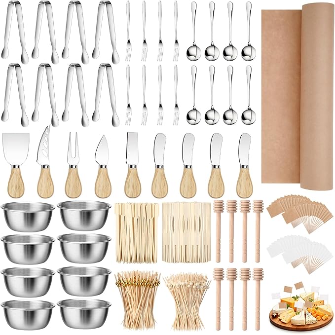 530 Pcs Charcuterie Board Accessories Cheese Butter Spreader Knife Set Butcher Paper Roll Serving Tongs Forks Spoons Dipping Bowls Dippers Cocktail Picks for Party Wedding Christmas (Silver)