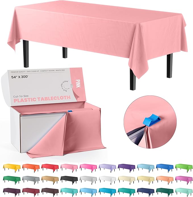 Party Solids 54 Inch X 300 Feet Pink Plastic Table Cover Roll in A Cut - to - Size Box with Convenient Slide Cutter. Cuts Up to 36 Rectangle 8 Feet Plastic Disposable Tablecloths
