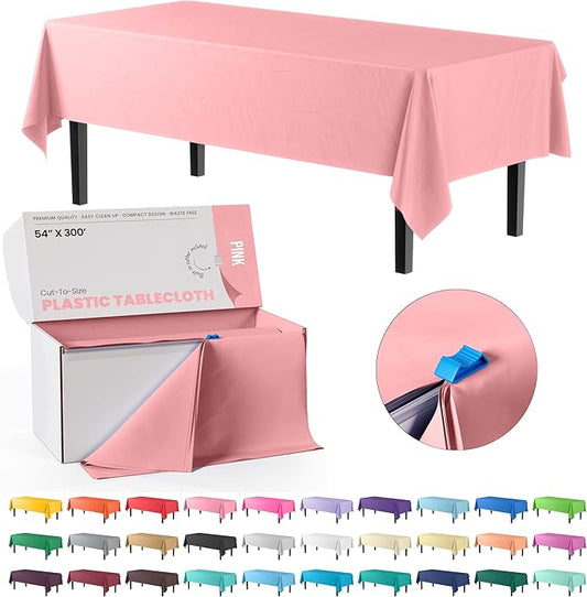 Party Solids 54 Inch X 300 Feet Pink Plastic Table Cover Roll in A Cut - to - Size Box with Convenient Slide Cutter. Cuts Up to 36 Rectangle 8 Feet Plastic Disposable Tablecloths