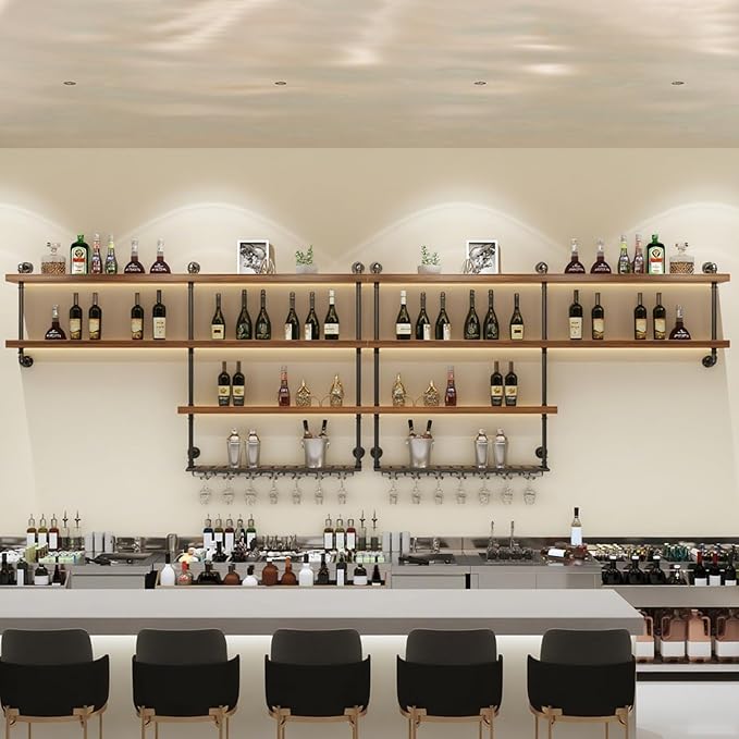 51.1in Large Wine Rack with LED Light, 4 Tiers Solid Wood Wall Mounted Wine Rack, Industrial Liquor Bottles Floating Shelves with Glass Holder for Home Bar/Dining Room (51.1in/130cm)