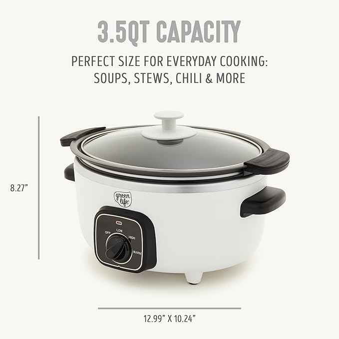 GreenLife 3.5QT Slow Cooker, PFAS-Free Non-Toxic Ceramic Nonstick Removable Interior Bowl, Programmable, Keep Warm, Stovetop & Oven Safe Pot, Dishwasher Safe Crock & Glass Lid, White