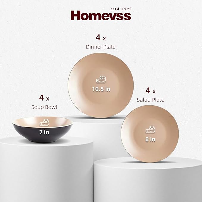 Stoneware Two-Tone Colors Life 12pc Dinner Set竊?Outside Shiny Black + Inside Matte Glaze Warm Beige