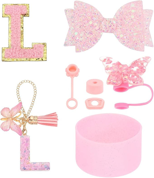 uxcell 8Pcs Cup Accessories Set for Cup Tumbler with Handle, Including Silicone Straw Cover, Boot, Spill Proof Stopper, Handle Charm, Initials Sticker(Letter L, Pink)