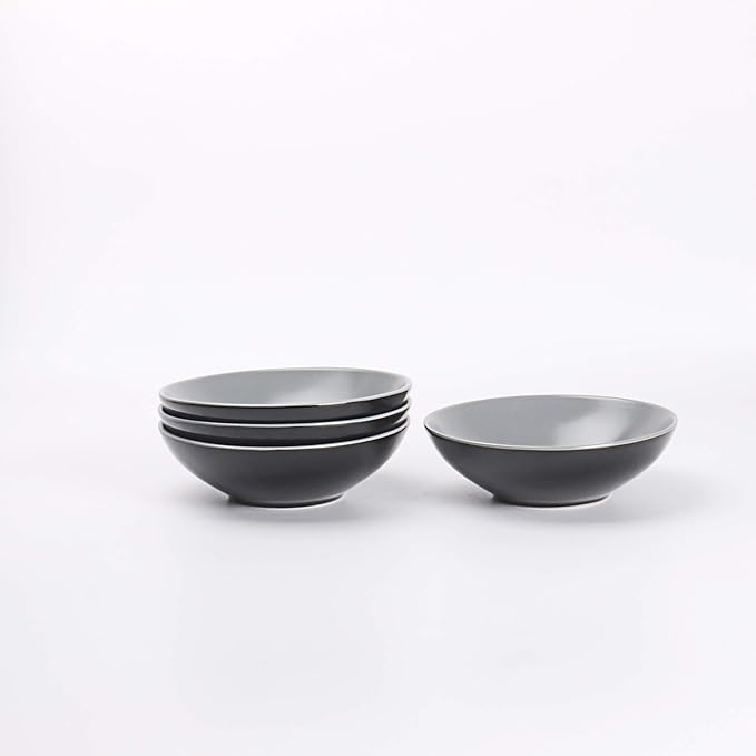 Stoneware Two-Tone Colors Life 12pc Dinner Set, Outside Shiny Black + Inside Matte Light Grey