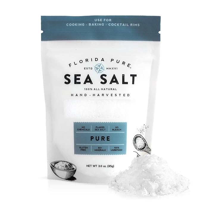 Pure Sea Salt by FLORIDA PURE - 80+ Mineral, Natural, Unrefined, Non Iodized, Addititive-free - for Baking, Cooking, Seasoning & Enhancing Taste - Pure Hand-harvested Flaky Sea Salt (3 oz. Pouch)