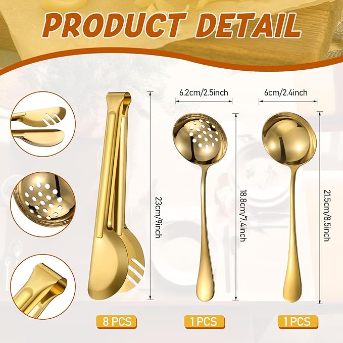 Tanlade 19 Pcs Gold Stainless Steel Serving Utensils Set Flatware Include Forks Spoons Slotted Spoons Soup Ladle Skimmers Pie Server Serving Tongs for Buffet Party Breakfast Home Dinner