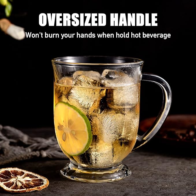 Clear Glass Coffee Mugs Set of 4, 16 OZ Large Glass Beer Cups with Handle,Bottom Nine-Sided Mug for Men and Women Hot Beverages,Tea, Cappuccino, Latte, Espresso, Juice Mothers