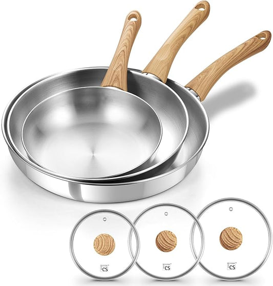 KOCH SYSTEME CS Stainless Steel Frying Pan Set with Lid, 8" & 10" & 12" Stainless Steel Pans Set with Heat-resistant Handle, Triply Base Induction Cooking Pans Set, Fast & Even Heat, Dishwasher Safe