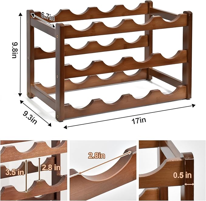 Wine Rack, 12 Bottles 3-Tier Free Standing Wine Racks, Wine Rack Countertop Holder Storage Shelf for Kitchen Cabinet Dining Room Bar (Brown)