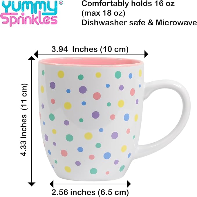 Coffee mug Sakura flower (Cherry Blossom Pink) with Pastel Confetti Sprinkles | Birthday Cake Coffee Cup Gift | Large White Ceramic Cup | Fun Polka Dot Pattern