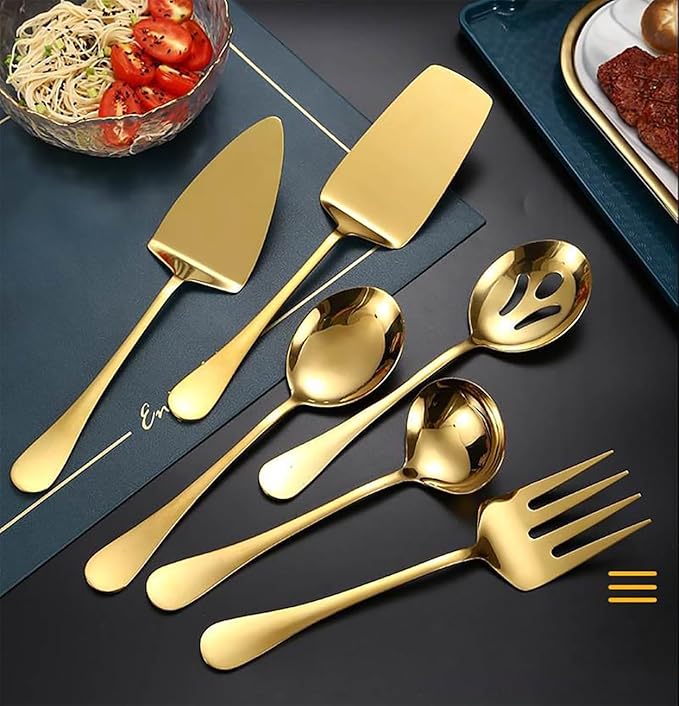 AARAINBOW Hostess Serving Utensils Set Large, 8 Pcs Stainless Steel Serving Utensils for Parties Buffet, Flatware Serving Sets with Serving Spoon Slotted Spoons Serving Forks (Golden)
