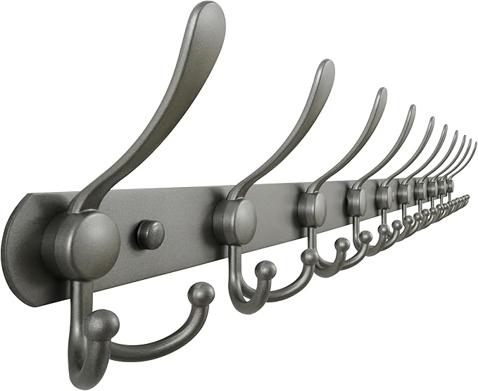 Dseap Coat Rack Wall Mount - 38??Long 10-Tri-Hooks Heavy Duty Coat Hanger Rail Wall Hooks for Hanging Coats Hats Clothing Clothes Purse Mudroom Entryway, Gray