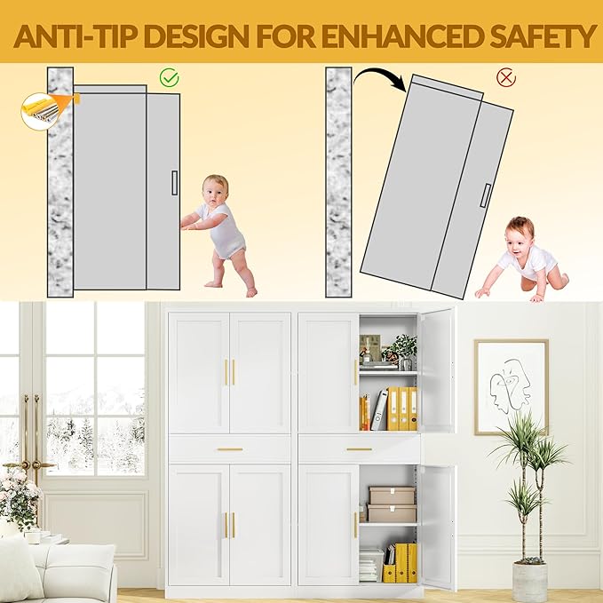 Kitchen Pantry Cabinet,71??Metal Tall Pantry Storage Cabinet with Doors 2 Adjustable Shelves and a Drawer,Kitchen Storage Cabinets White Freestanding Food Cabinet for Pantries, Kitchen, Dining Room