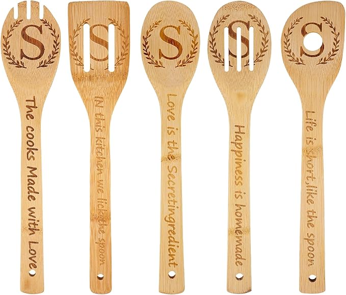 5PCS Initial Wooden Cooking Spoons Initial Letter Kitchen Decor Gifts Personalized Monogrammed Birthday Gifts for Women Mom Friend Housewarming Wedding Bamboo Cooking Spoons