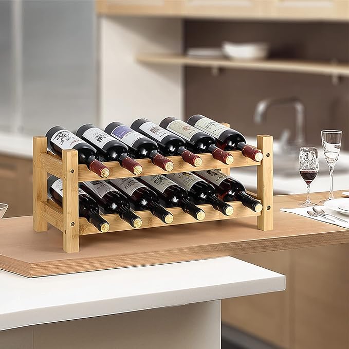 HYNAWIN 2 Tiers Bamboo Wine Rack Free Standing Wine Display Stand Wine Storage Rack Shelf Wine Bottle Holder for Home Living Room Kitchen Bar