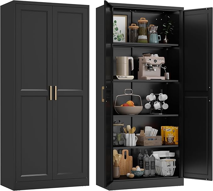 71" Kitchen Pantry Storage Cabinet,Black Tall Storage Cabinet With Doors and Shelves,Metal Food Pantry Cabinets for Kitchen Storage,Freestanding Cupboard for Dining Living Room,Assemble Required
