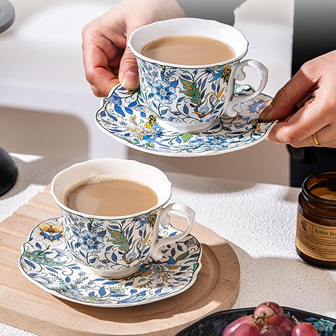 Vintage Floral Ceramic Tea Cups and Saucers,8.45 oz/260ml Small Breakfast Milk Coffee Mugs Colorful Flowers