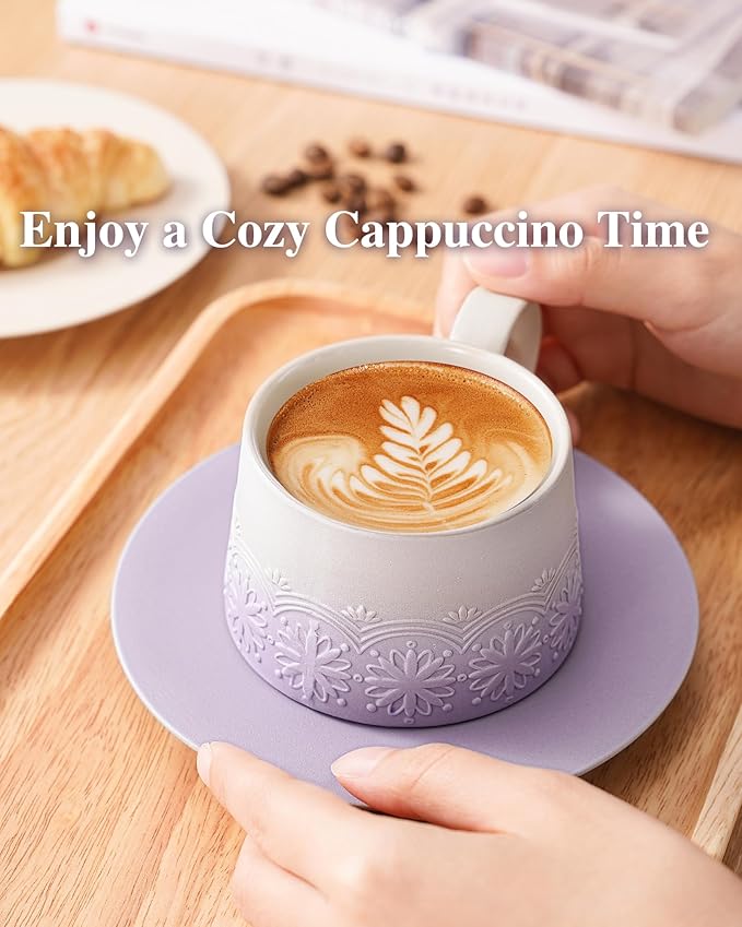 ZENS 7.3 Ounce Cappuccino Cups Set of 2, Artistic Embossed Ceramic Cappuccino Mugs and Saucers, Double Espresso Cups Set of 2 for Au Lait, Cafe Mocha or Matcha Latte or Tea, Pale Purple