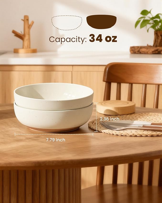 Pasta Bowls Set of 4, 34oz Speckled Ceramic Bowls Set for Serving Salad, Pasta, Soup, Dinner, 8" Wide and Deep Bowls, Dishwasher & Microwave Safe, Matte Terracotta Base (Warm White)