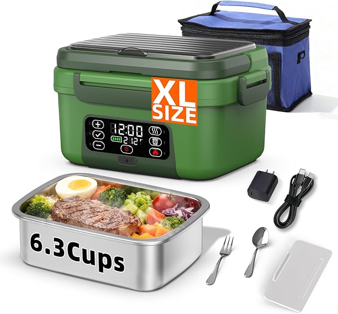 XL 6.3-Cups Cordless Electric Heated Lunch Box for Adults, 20000mAh Rechargeable Battery Powered Smart Self Heating Lunchbox for Men Women, 100W Food Warmer for Trucks Driver Travel Office Worker