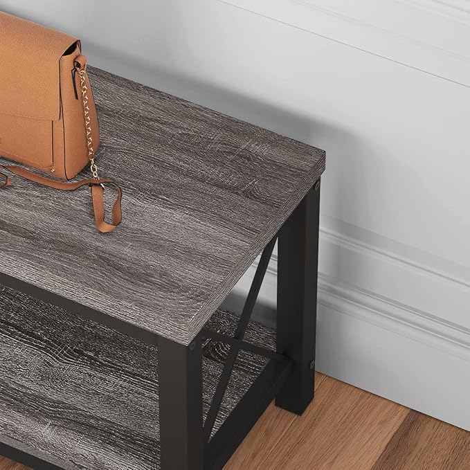 BON AUGURE Entryway Bench with Shoe Storage, 47" Modern Industrial Wood & Metal Hallway Bench for Mudroom, Living Room in Dark Grey Oak