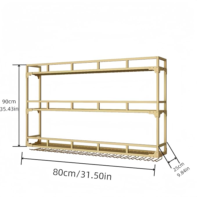 31 Inch Metal Wine Rack Wall Mounted, Bar Shelves Wall Mounted with LED Light, Large 3-Tier Liquor Bar Display Shelf with Wine Glasses for Home Bars, Dining Room & Kitchen, Gold