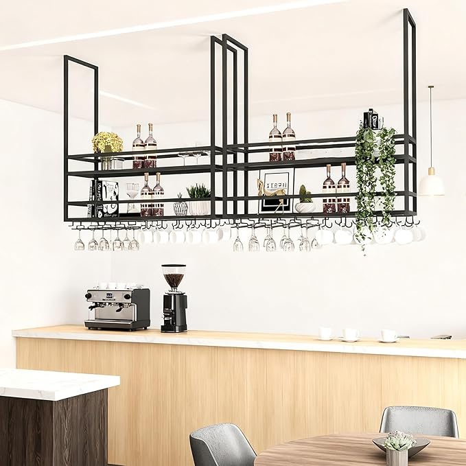 Ceiling Wine Glass Rack, Hanging Wine Display Shelf 2-Tier, Bar Liquor Storage Shelf for Bar Cafe Kitche, Metal Wine Bottle, Goblet Stemware Rack(Black, 55.11x39.37x11.81in)