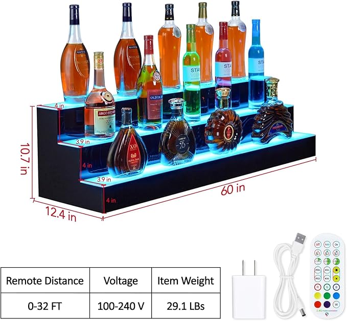 60 Inch Rectangular 3-Tier LED Lighted Liquor Shelf ??Acrylic Wine Rack with Remote/App Control, 16 Colors & 1-8H Timer, USB Powered for Home Bar & Commercial Use