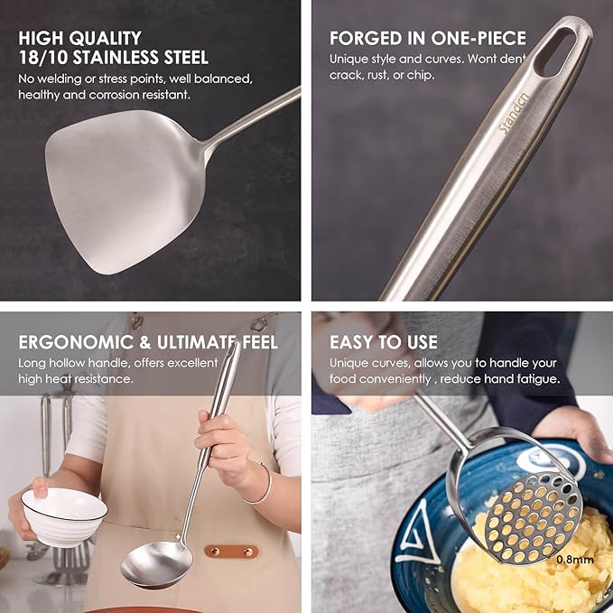 18/10 Stainless Steel Kitchen Utensils Set - 12 PCS All Metal Cooking Tools & 15??Serving Utensils - Potato Masher, Meat Fork, Tongs, Turner, Pasta, Serving Spoon, Skimmer, Ladle, Spatula Spoon Set