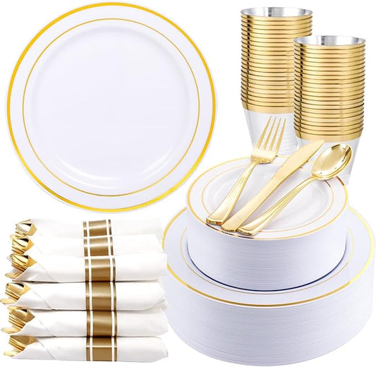 350Piece Gold Dinnerware Set for 50 Guests - Gold Plastic Plates with Disposable Cutlery Include:50Dinner Plates-50Dessert Plates-50Pre Rolled Napkins with Silverware for Valentine?셲 Day