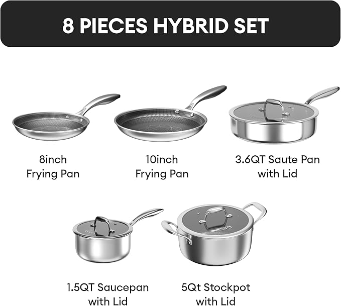 COOKER KING Stainless Steel Cookware Set, 8 Pcs Pots and Pans Set, Hybrid Ceramic Cookware,Non-Stick Frying Pans, Saucepan, Saute Pan & Stock Pot, Non-Toxic, Oven Safe, Induction Compatible