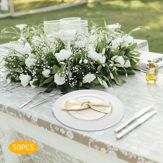 50pcs Silver Charger Plates, 13" Round Reusable Decorative Flower Relief Carving Bulk Chargers for Dinner Plates, Wedding, Bridal Shower