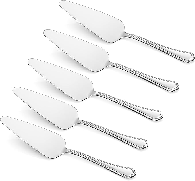 5-Piece Pie Server, E-far Stainless Steel Cake Server Spatula Cutter for Pastry Cheese Pizza, Serrated Edge with Scalloped Handle, Mirror Polished & Dishwasher Safe-9 Inch