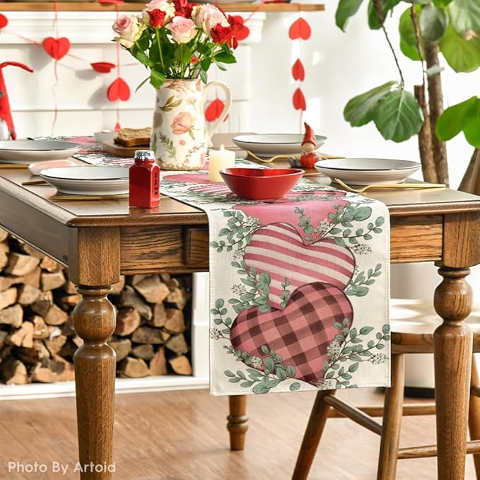 Artoid Mode Pink Eucalyptus Hearts Valentine's Table Runner, Anniversary HoliKitchen Dining Table Decoration for Home Party Decor 13x120 Inch
