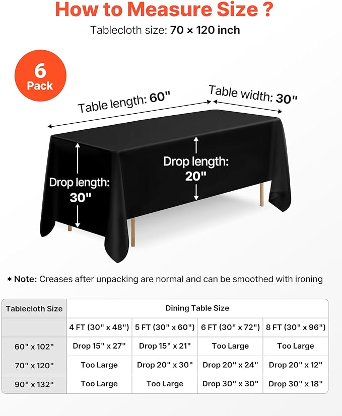 VEVOR Black Tablecloths for Rectangle Tables, 6 Pack, 70 x 120 Inches, Reusable and Machine Washable Table Clothes, Wrinkle-Resistant Polyester Fabric Table Covers for Wedding, Party, Banquet
